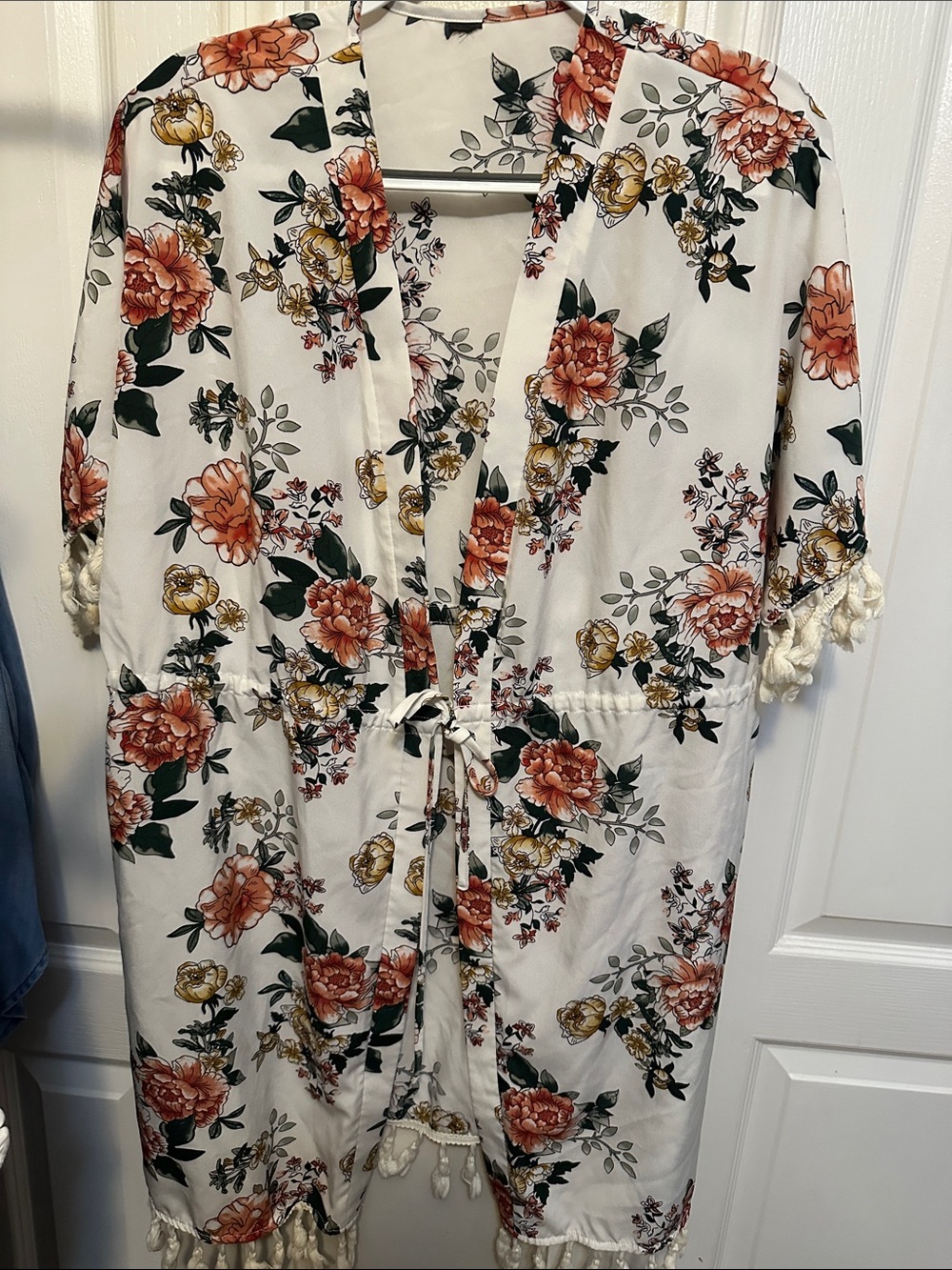 White Floral Kimono Cover-Up with Rust & Green Blooms